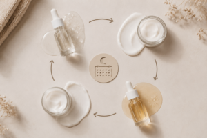 rotina de skin cycling com produtos de skincare em ciclos de tratamento e hidratação